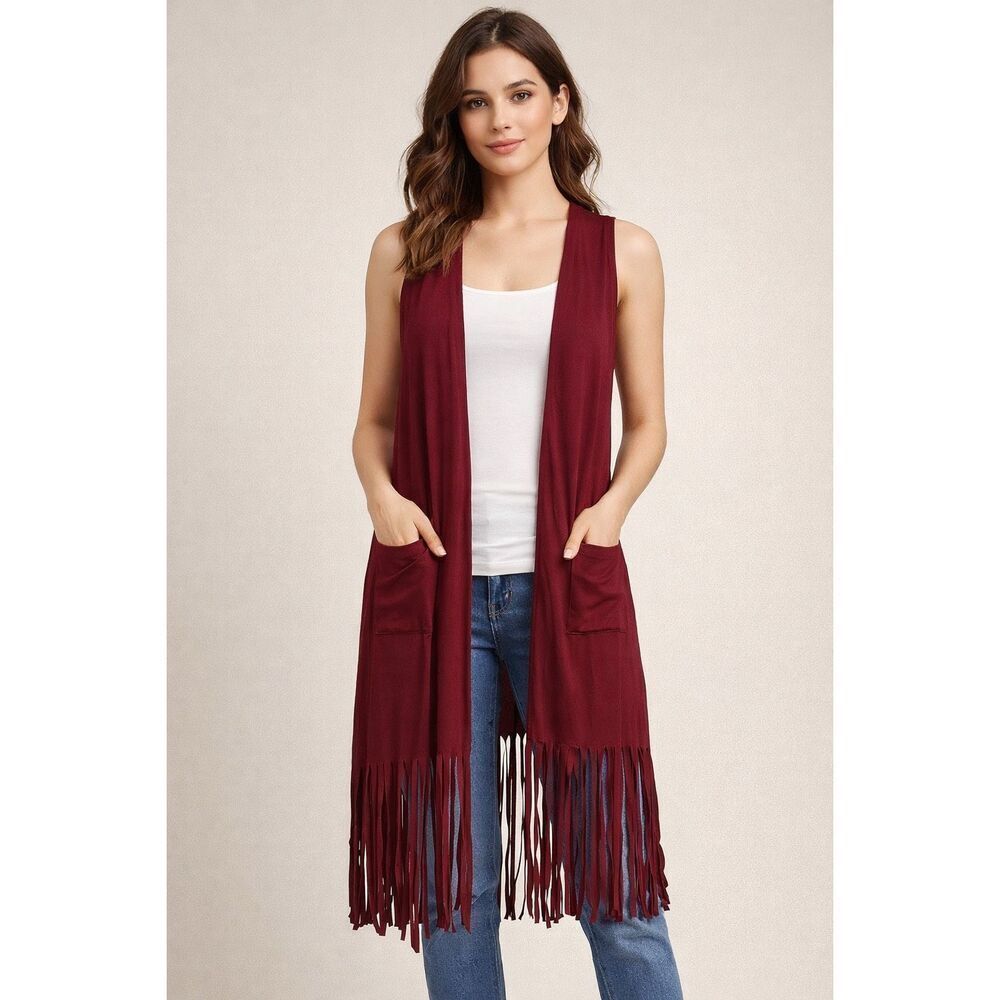 Beyove Burgundy Fringe Sleeveless Cardigan Vest Womens Medium